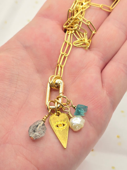 Charm Necklace - Pearl, Apatite, Tourmalinated Quartz & Eye